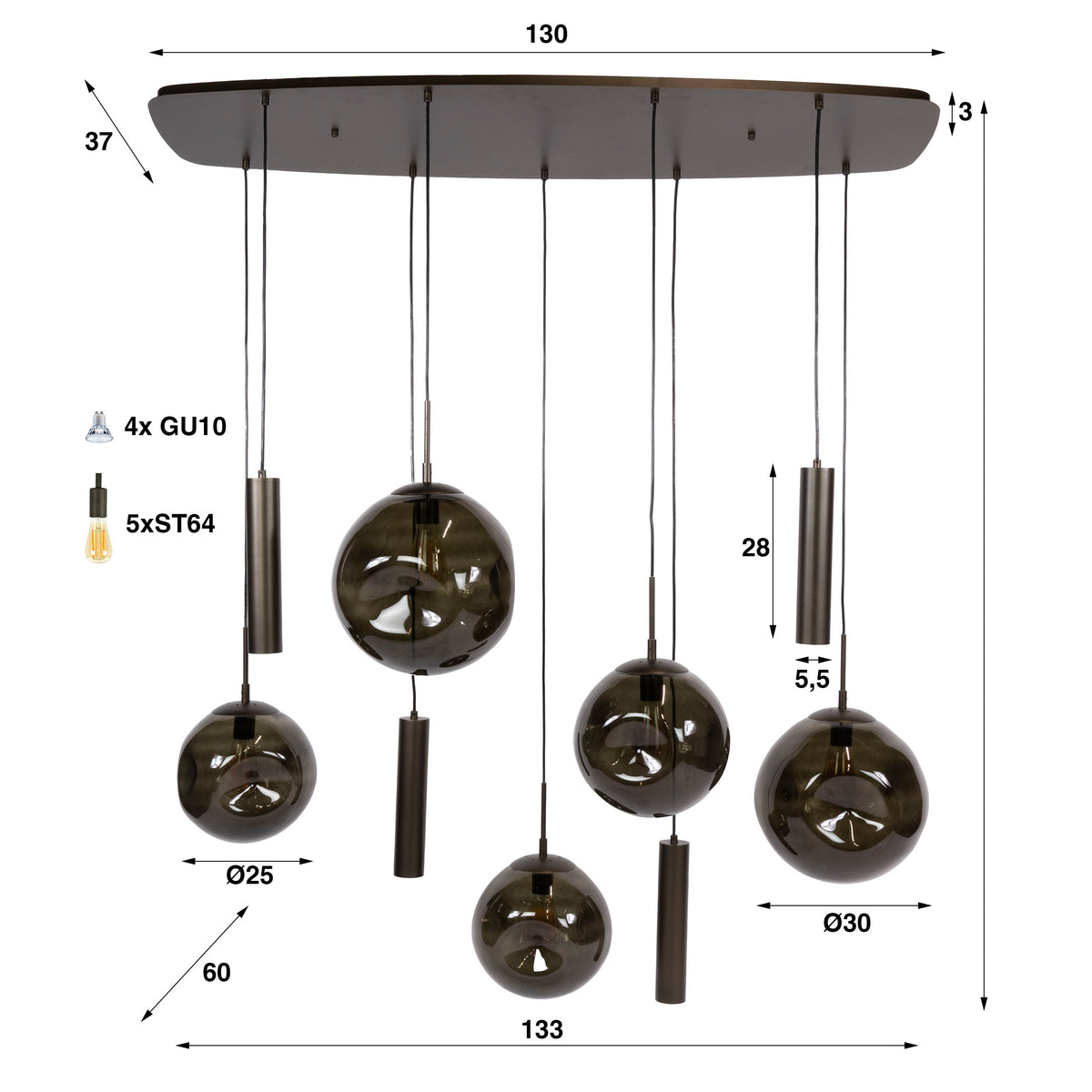 Hanglamp Bellum - 9-lichts - Brons (Internet retour)