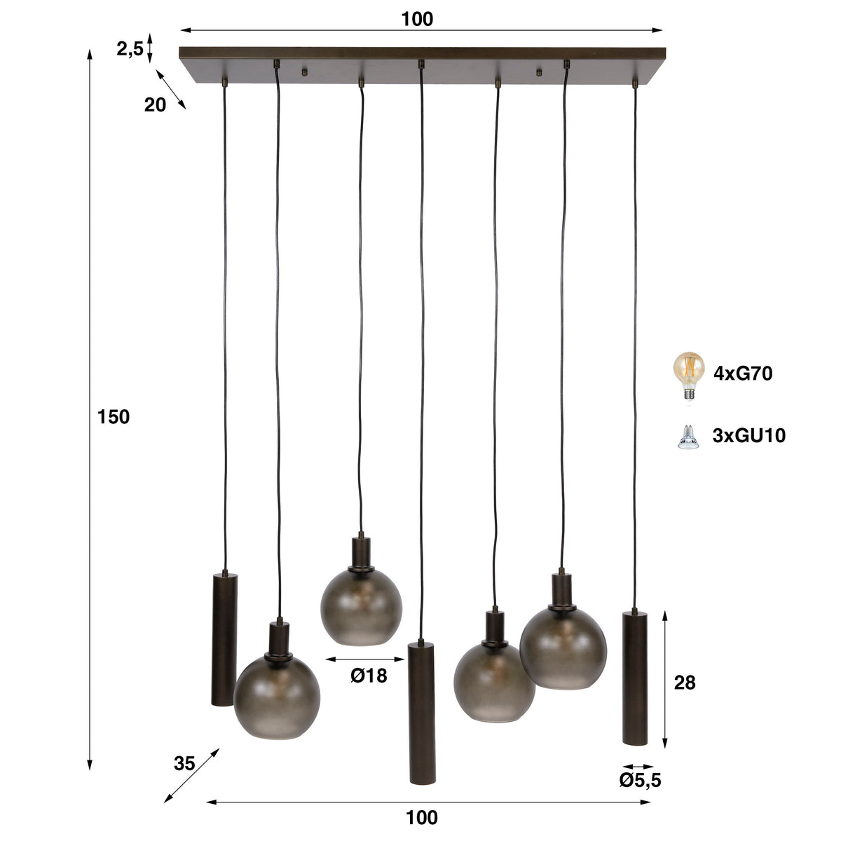 Hanglamp Luneo - 7-lichts - Brons - Matglas (Internet retour)