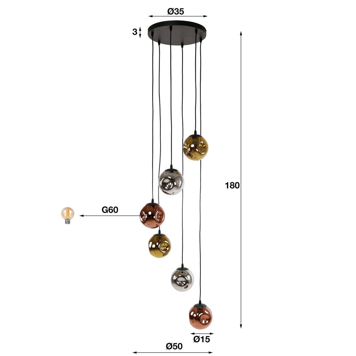 Hanglamp Petra - 6-lichts - Amber Mix (Internet retour)