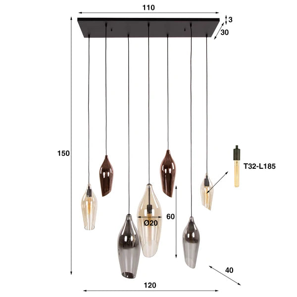 Hanglamp Alune - 7-lichts - Amber Mix - Glas (Internet retour)