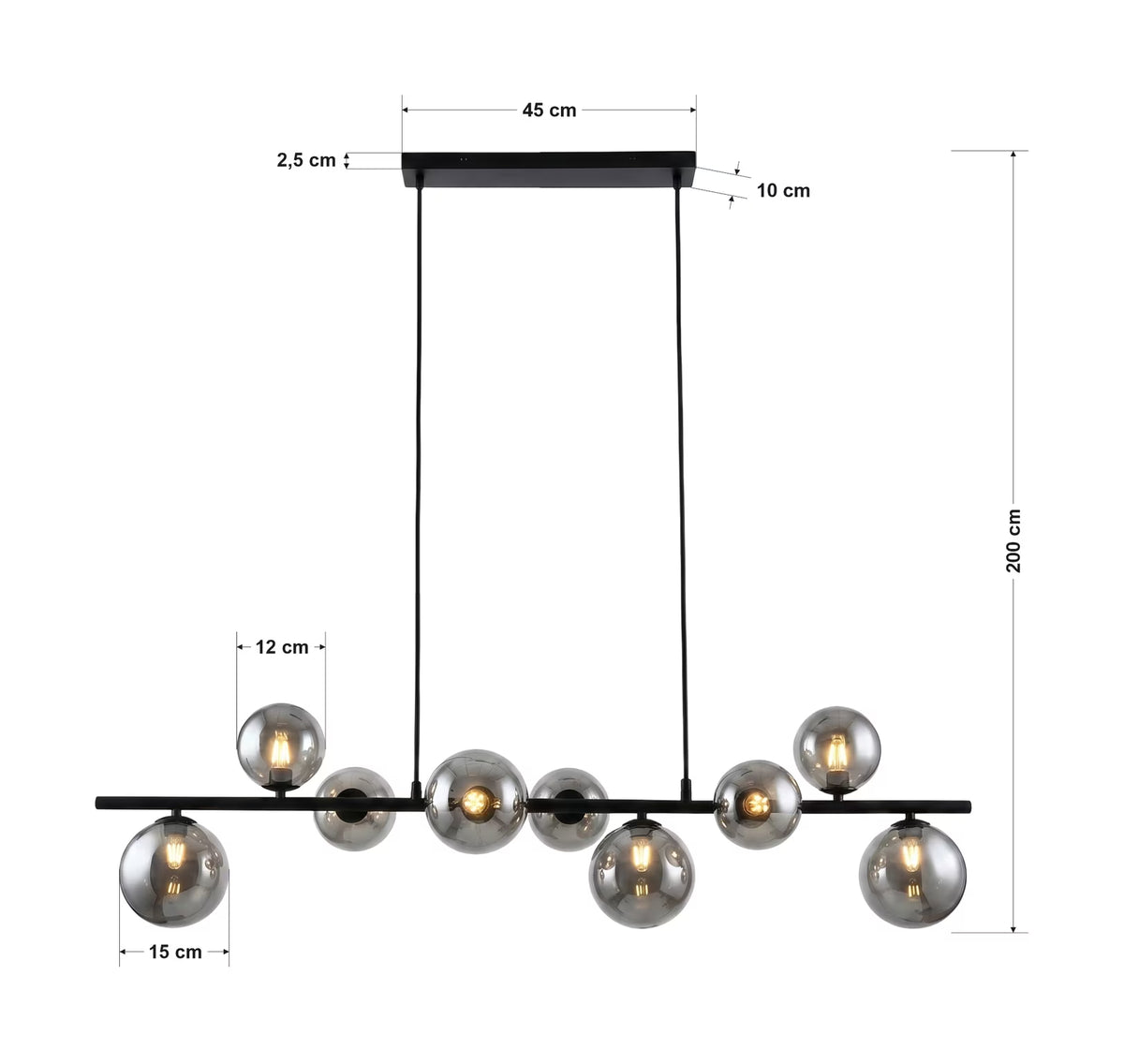 Hanglamp 9-lichts, Glas, kleur Smoke (internet retour)
