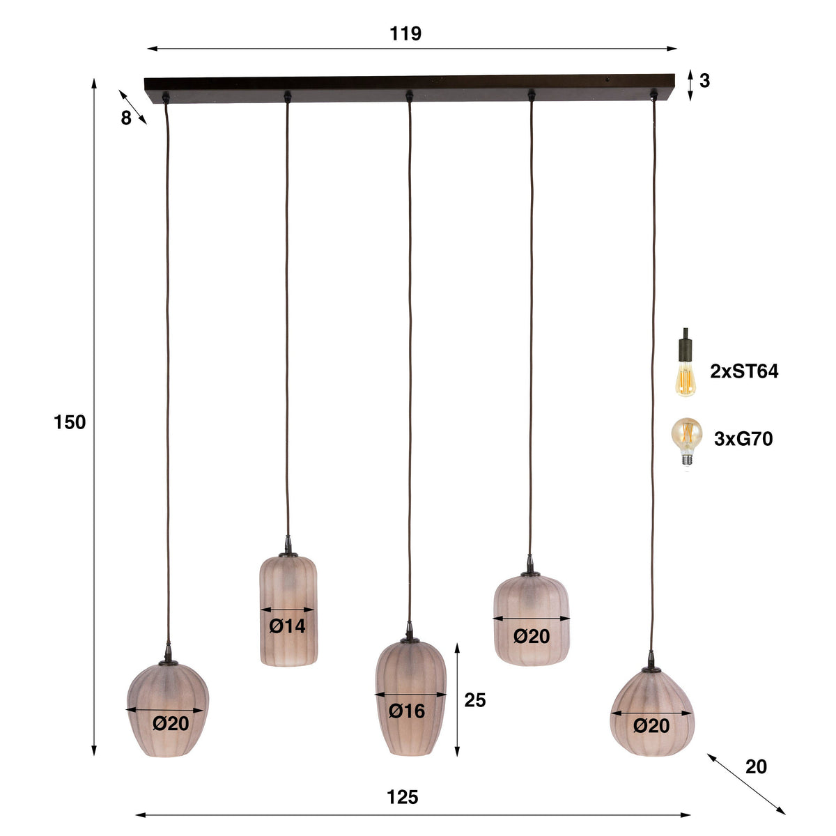 Hanglamp Elyra - 5-lichts - Frosted Bruin - Matglas