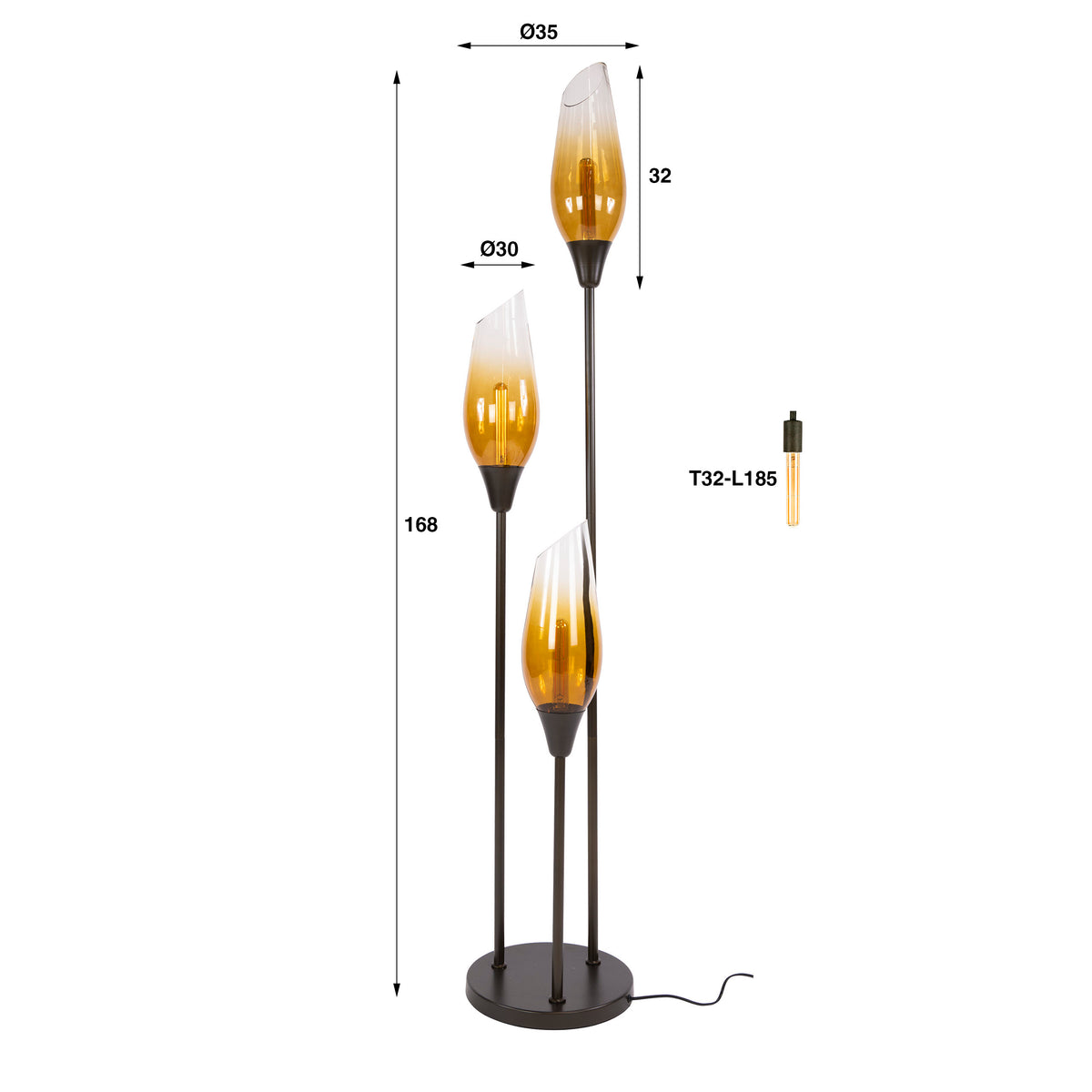 Vloerlamp Alune - 3-lichts - Amber glas - 168 cm (Internet Retour)