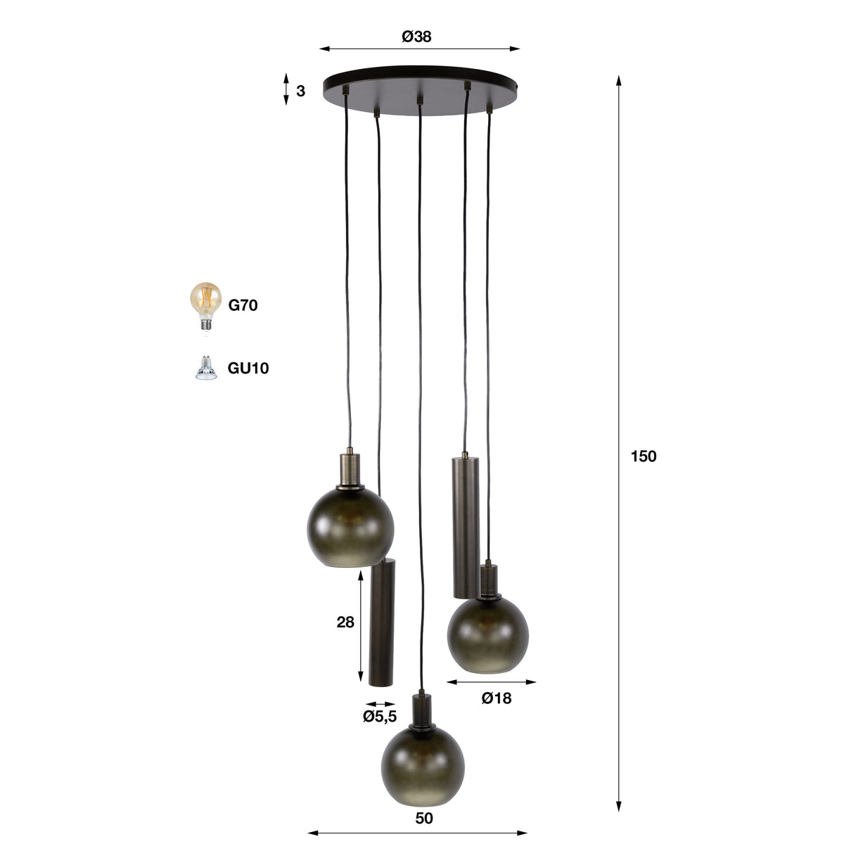 Hanglamp Luneo - 5-lichts - Brons - Matglas - Getrapt - Met Spots
