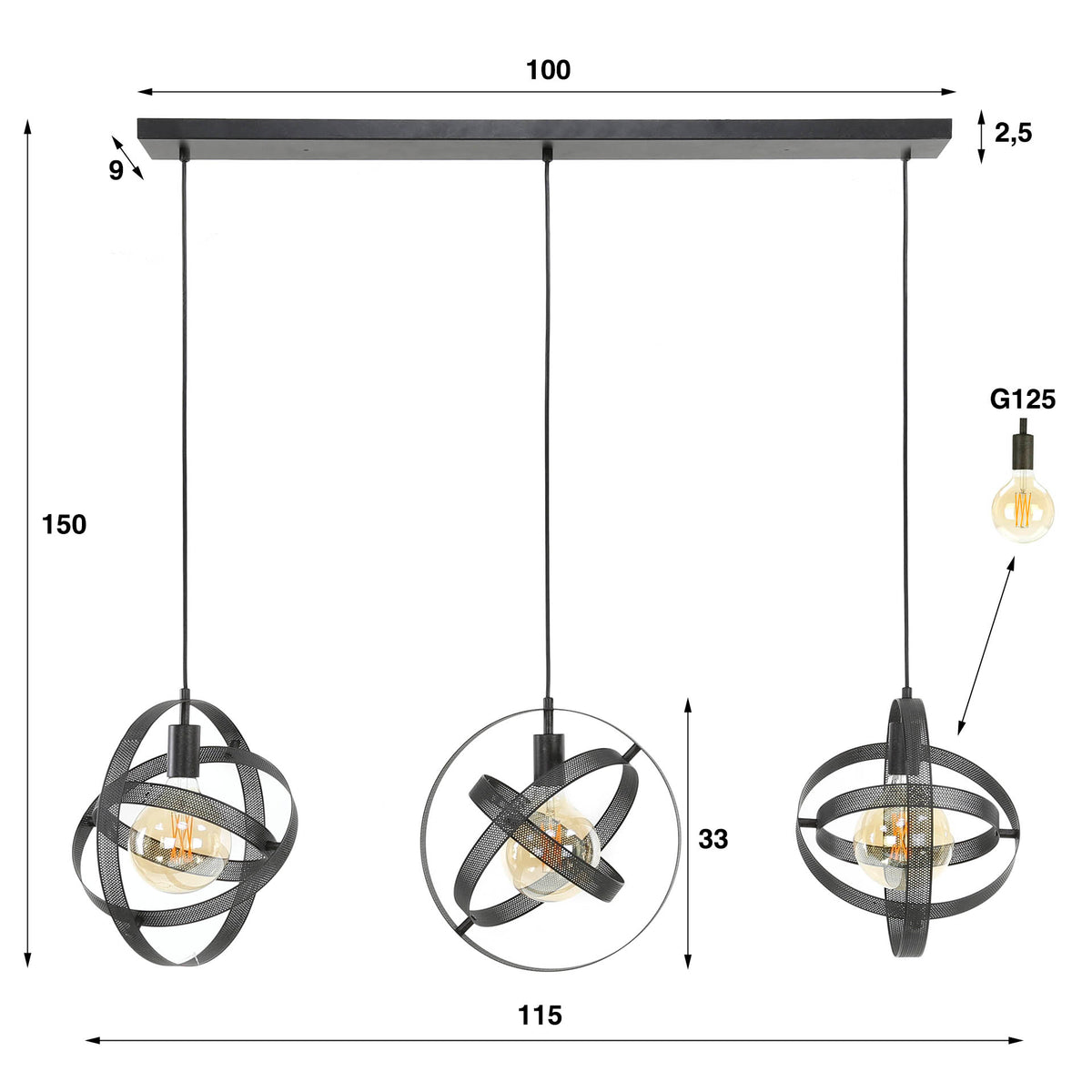 Hanglamp Iver - 3-lichts - Zwart (Internet retour)