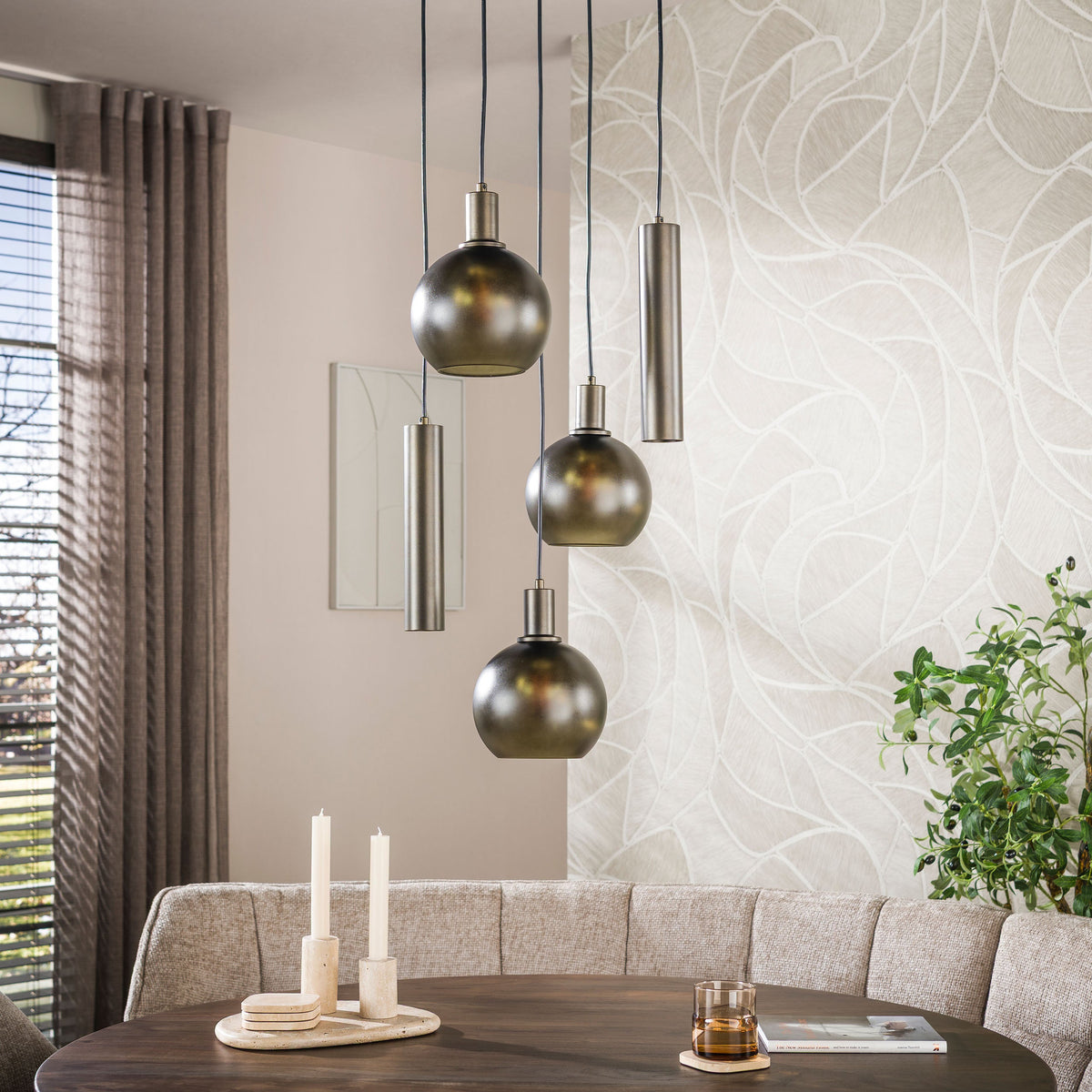 Hanglamp Luneo - 5-lichts - Brons - Matglas - Getrapt - Met Spots