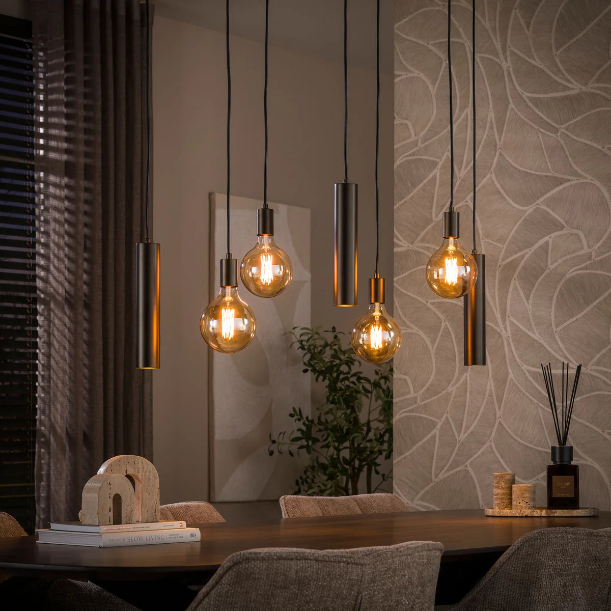 Hanglamp Soley - 7-lichts - Brons - Amberglas - Met Spots (internet retour)
