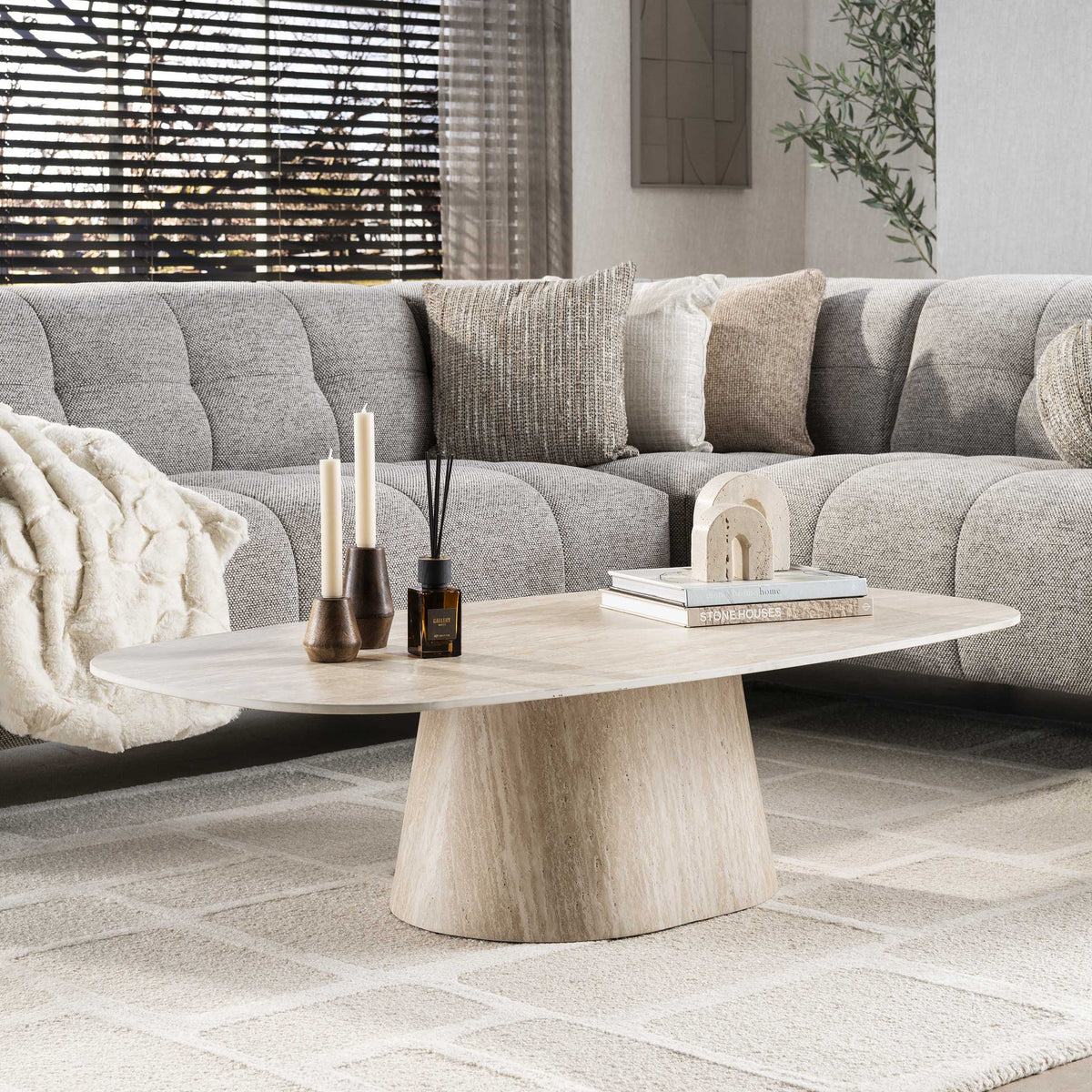 Deens Ovale Salontafel Centro Keramiek in Travertinlook 135 x 70cm