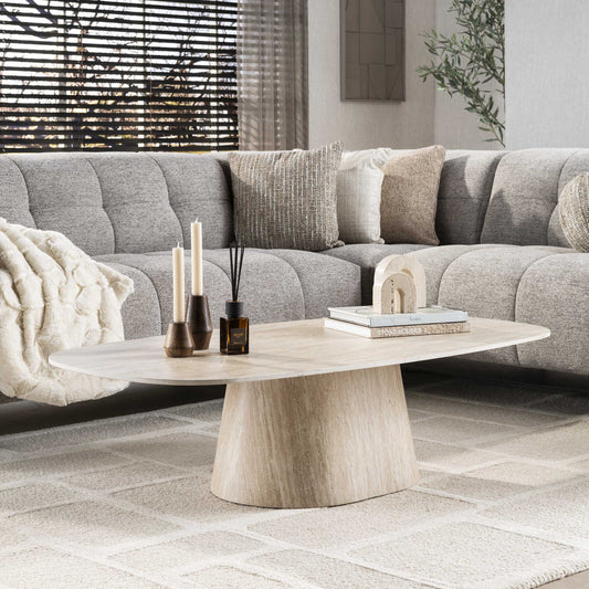 Deens Ovale Salontafel Centro Keramiek in Travertinlook 135 x 70cm